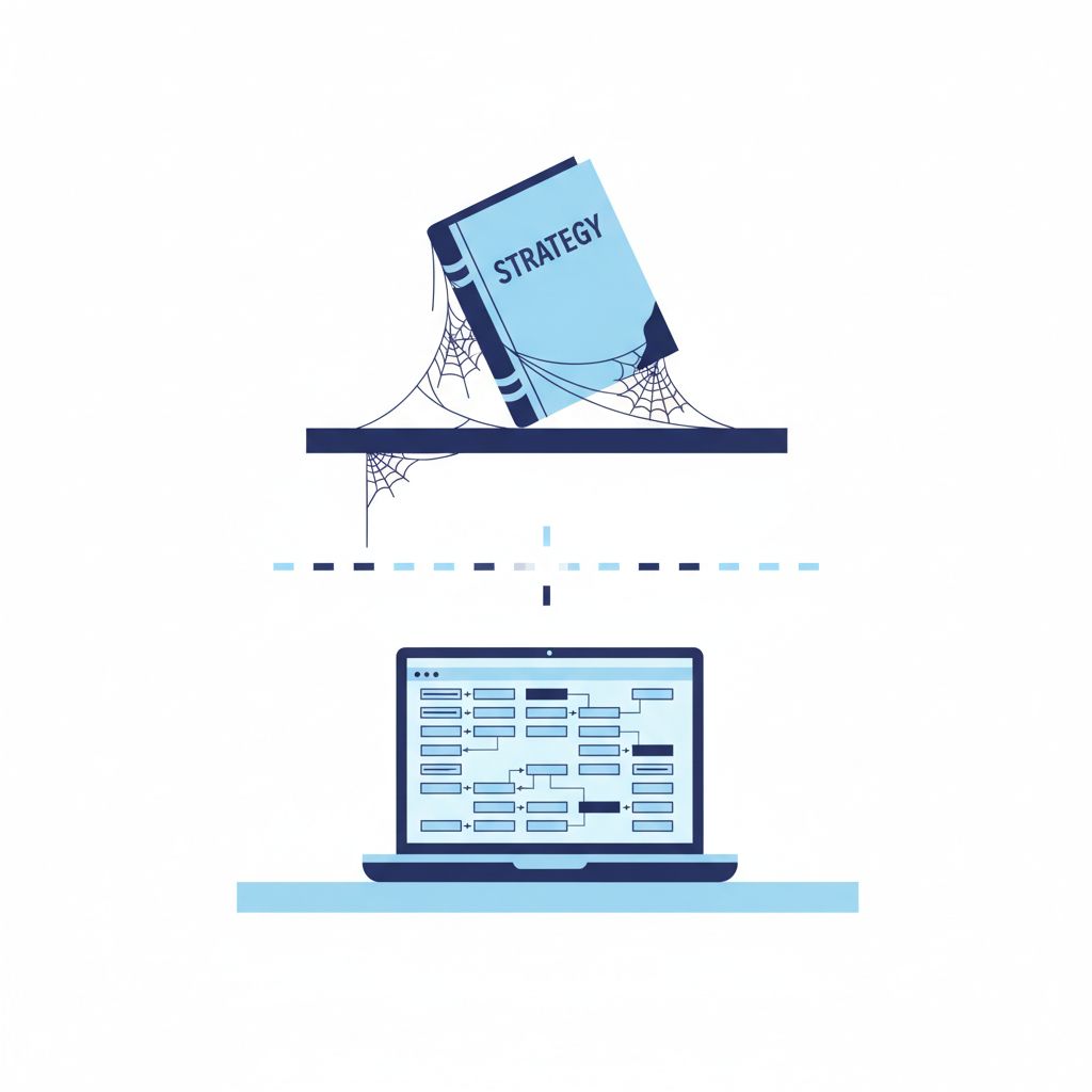 Illustration showing a strategy document gathering dust on a virtual shelf while actual work drifts away