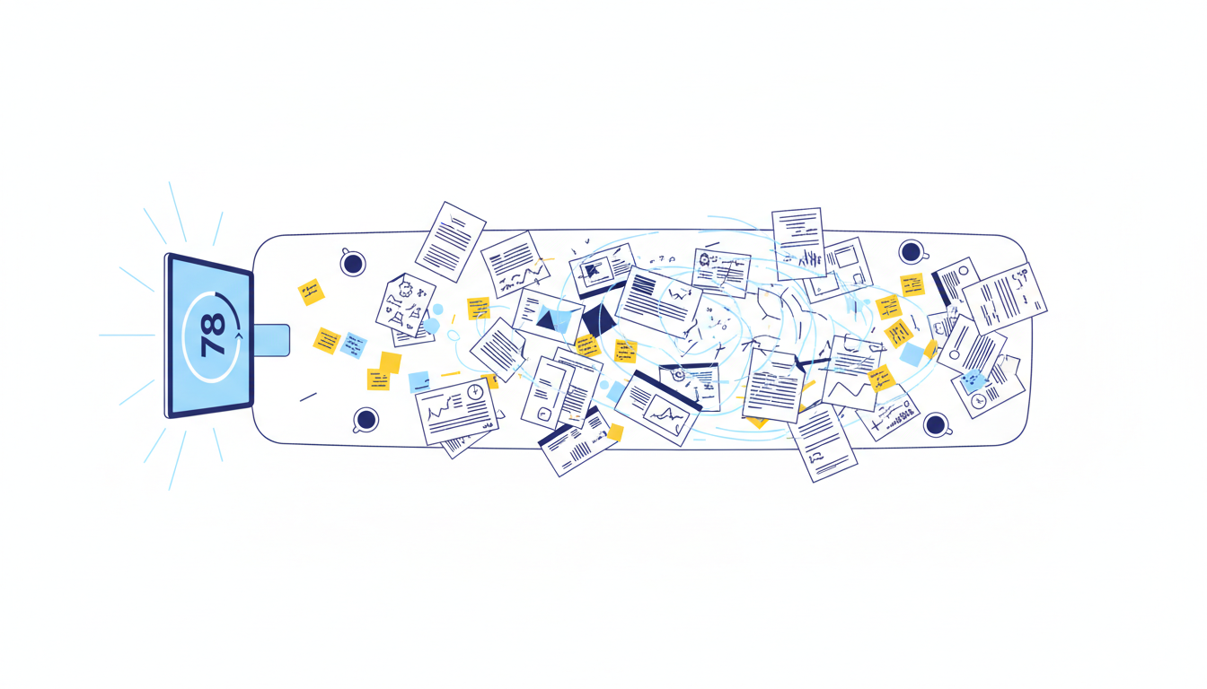 Boardroom table with scattered papers and a single clean dashboard showing an alignment score