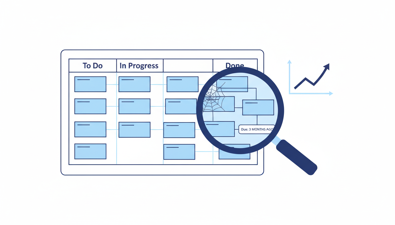 A kanban board that looks healthy on the surface but reveals gaps under a magnifying glass