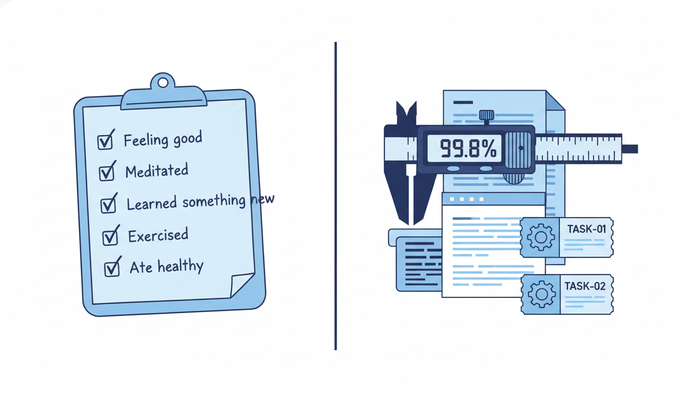 Split image comparing a self-reported checklist to objective measurement of work artifacts