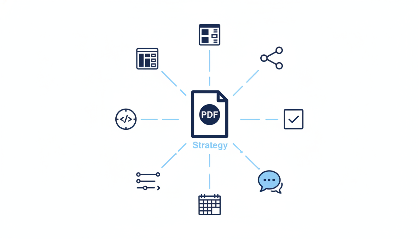 A strategy document surrounded by disconnected tool icons with broken connecting lines