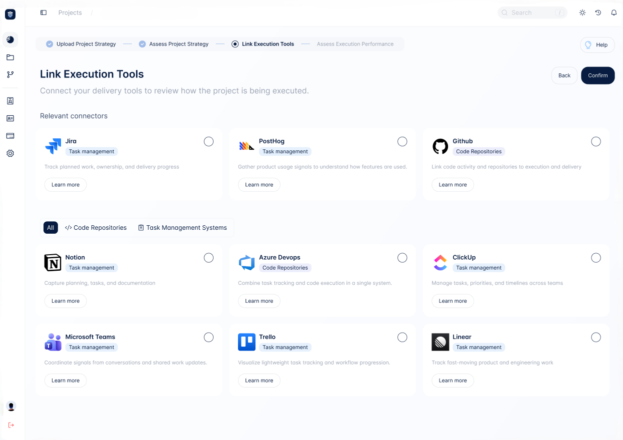 BAS TrustDesk connector screen showing linked GitHub and other execution tools