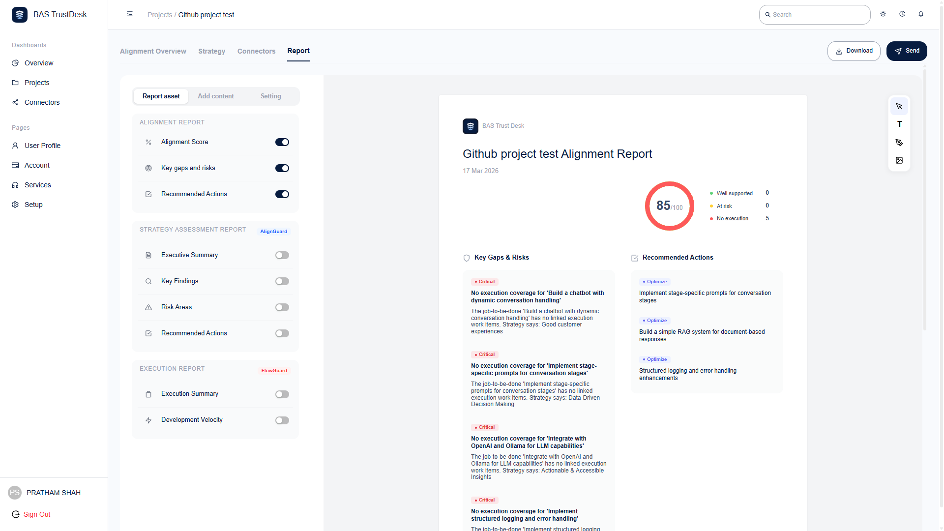BAS TrustDesk report generation screen showing alignment report with score and recommendations